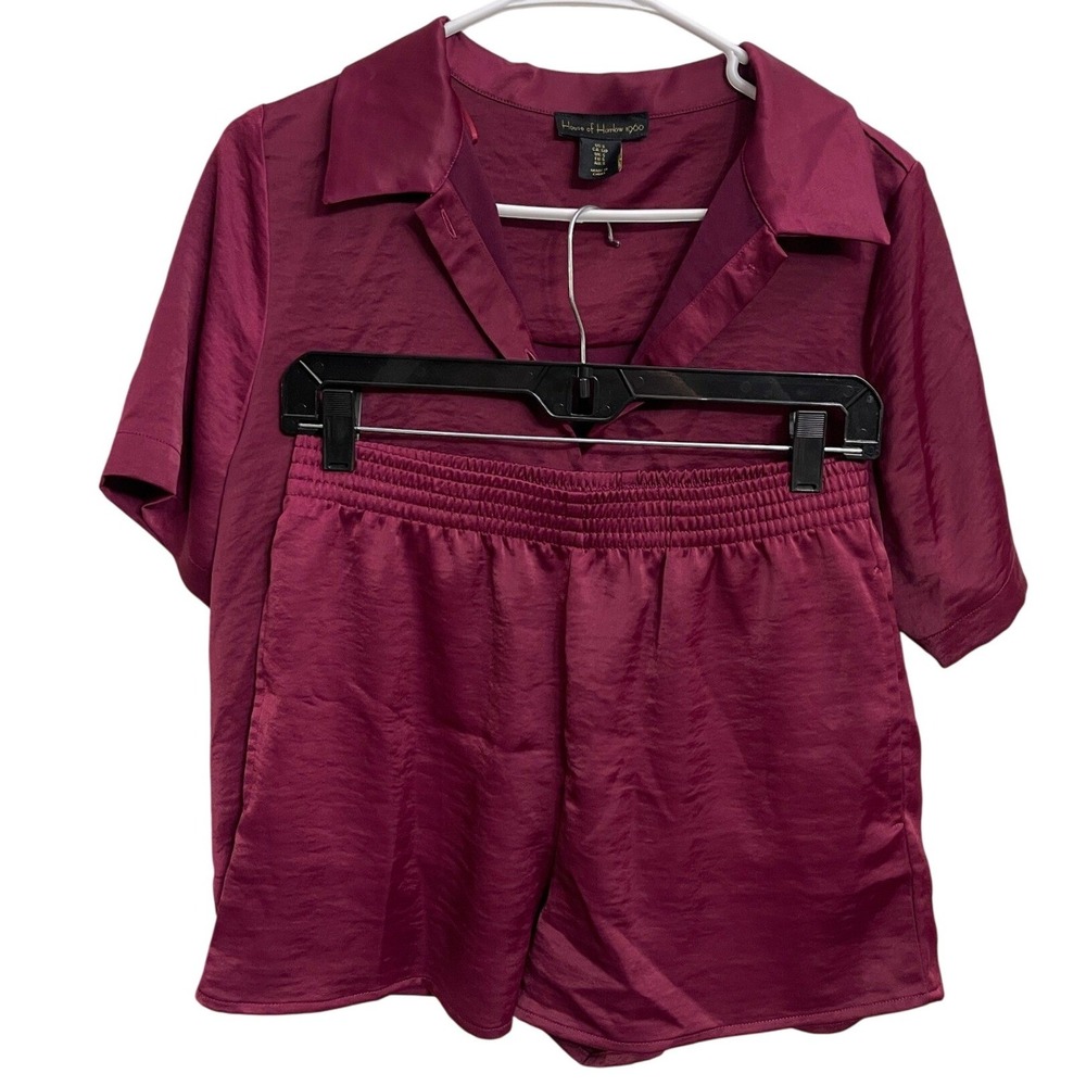 House of Harlow‎ Luxe Satin Cropped Shirt Shorts Pajama Set Burgundy Red S